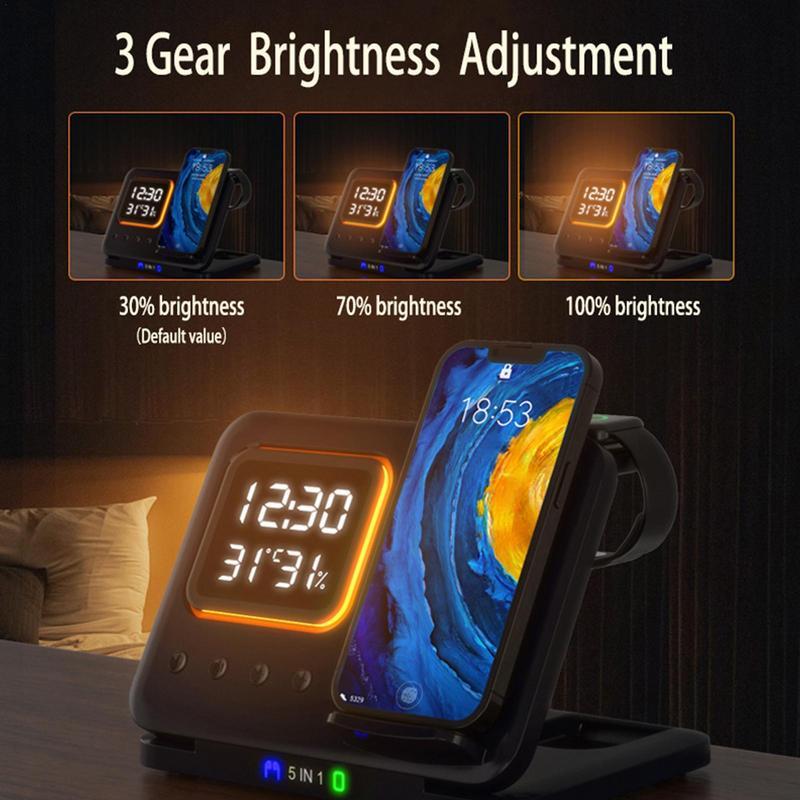 15W Wireless 5 In1 LED Digital Alarm Clock Charger Stand