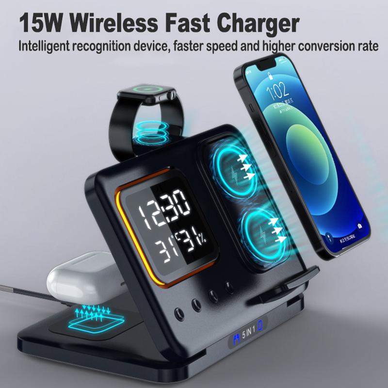 15W Wireless 5 In1 LED Digital Alarm Clock Charger Stand
