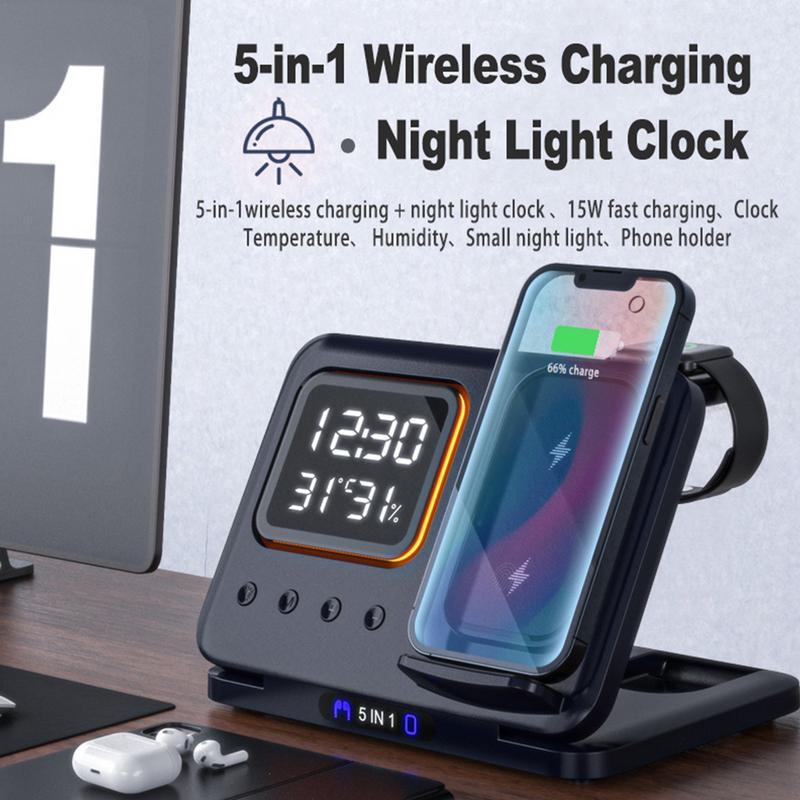 15W Wireless 5 In1 LED Digital Alarm Clock Charger Stand